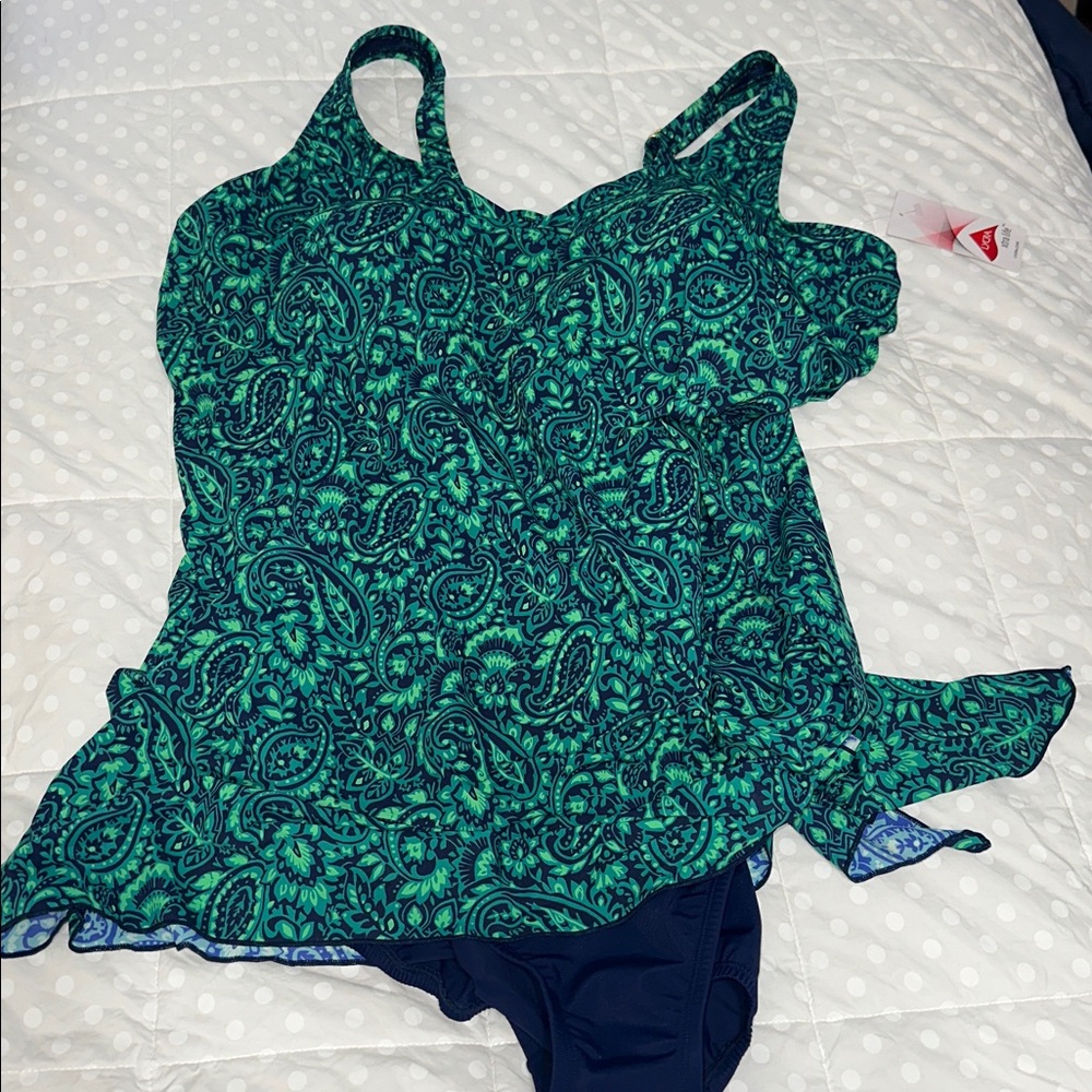 Lands End SlenderSuit Wrap Swim Dress Swimsuit blue green paisley 24W nwt - Picture 4 of 9